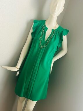 Vince Camuto Women Green V-Neck Short Flutter-Sleeve Mini Shift Dress